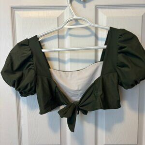 Green Puffy Sleeve Cute Bathing Suit Top